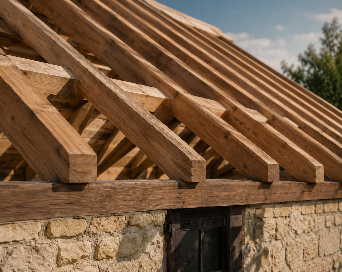 Charpente bois traditionnelle sur maison en pierre, fermettes et chevrons apparents, Bordeaux Ouest