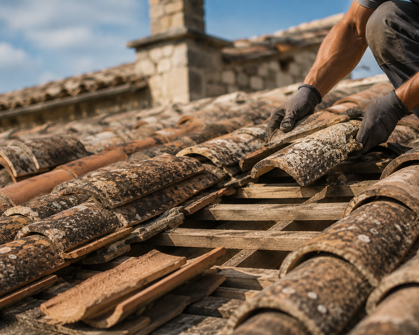Toiture en tuiles canal avec gouttière zinc sur maison ancienne en pierre, Sud-Gironde
