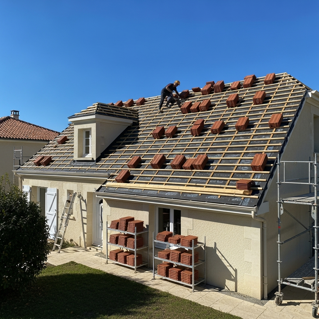 Chantier de pose de tuiles canal en cours sur toiture, couvreur en Gironde
