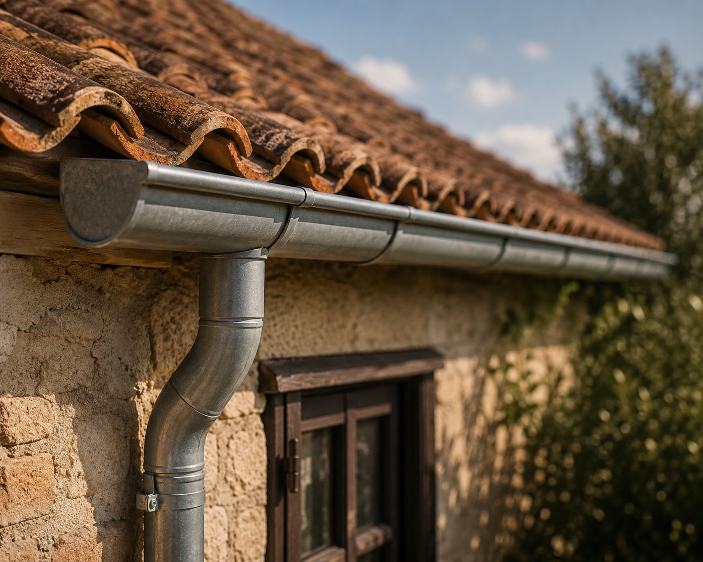 Gouttière zinc et descente d'eau pluviale sur maison en pierre, Gironde