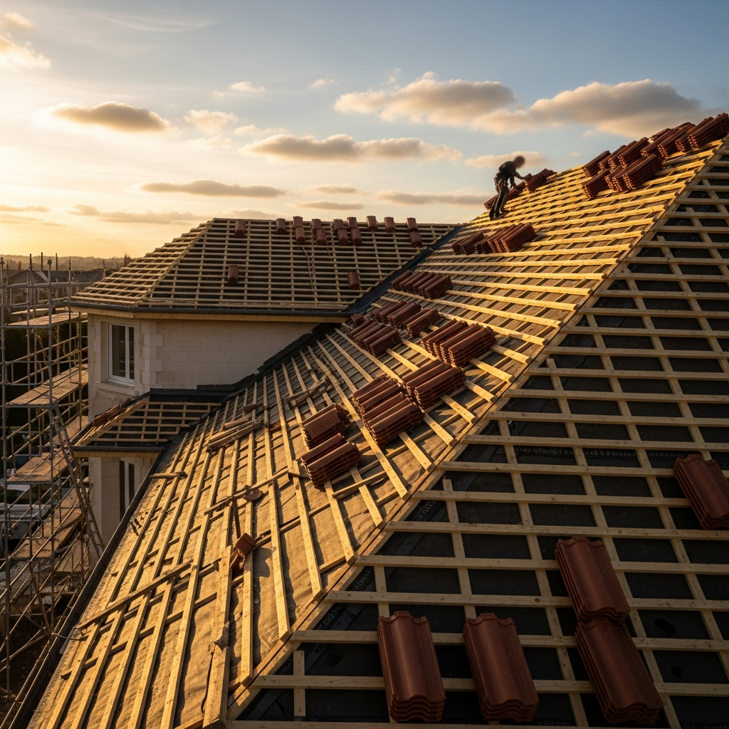 Couvreurs posant des tuiles en fin de journée sur un chantier de rénovation en Gironde