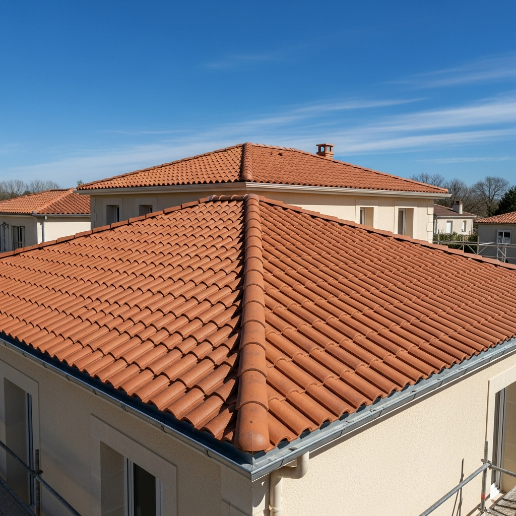 Toiture en tuiles canal neuves sur pavillon, noue zinc et gouttière, Gironde