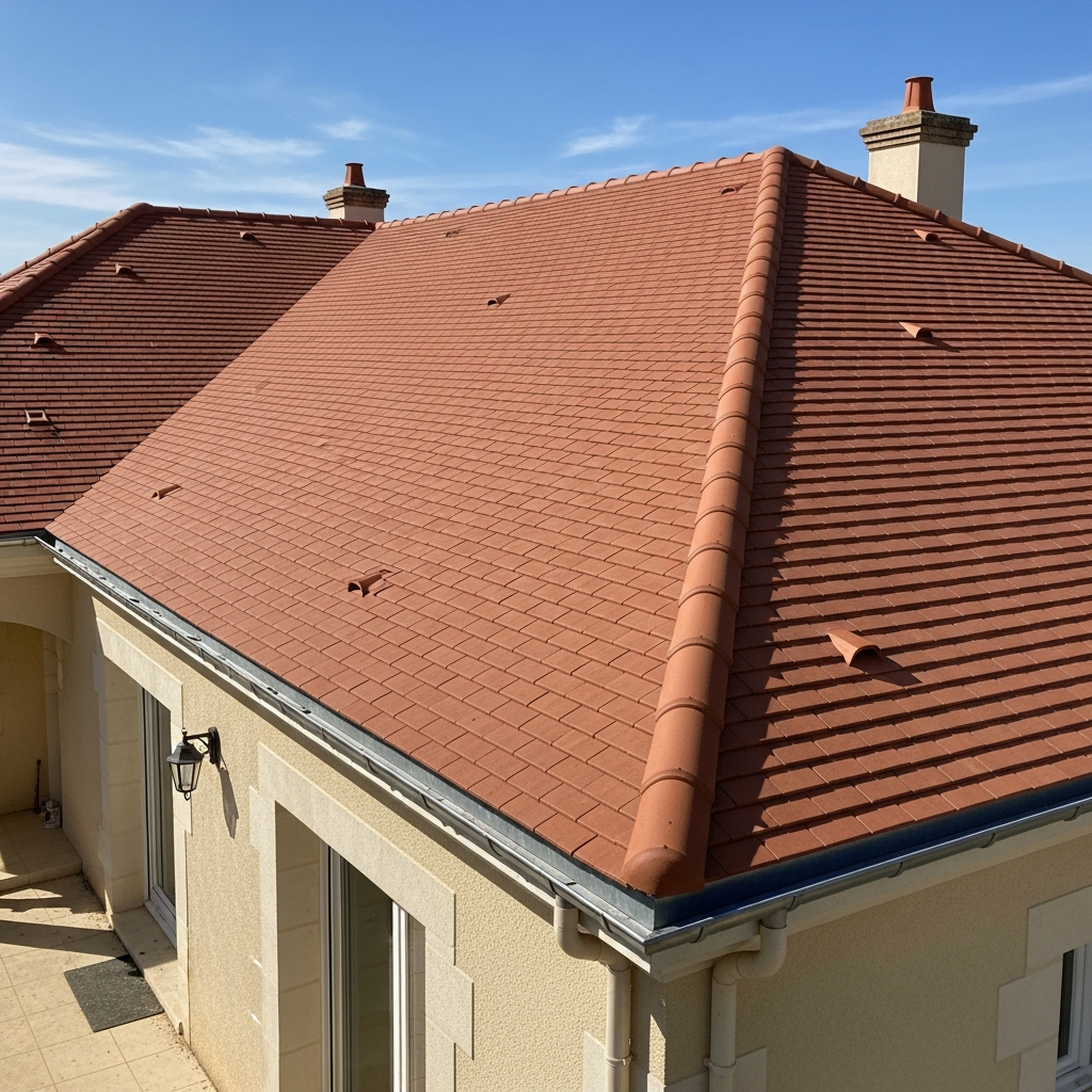 Toiture en tuiles plates neuves avec faîtage et gouttière zinc, maison individuelle