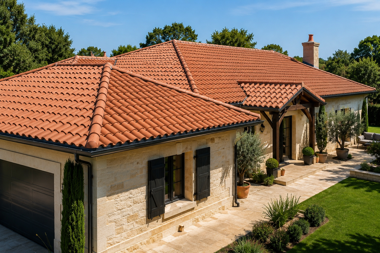 Toiture en tuiles canal neuves sur maison en pierre de taille, Gironde